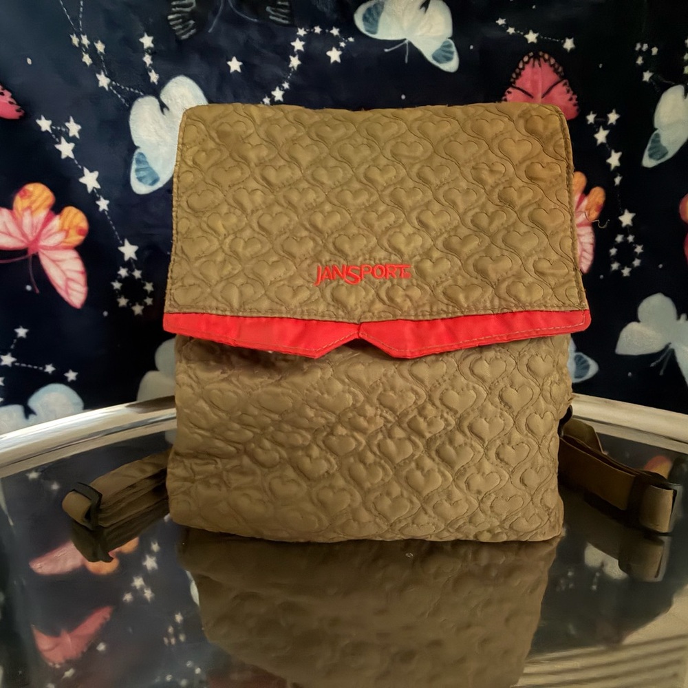JanSport Quilted Backpack in Olive and Coral
